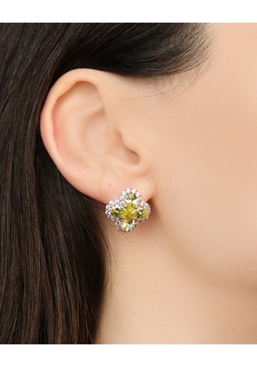 Lekka Design Kadın Kararmaz Çelik Lüks Takı Yeşil Zirkon Taşlı Yonca Küpe Altın