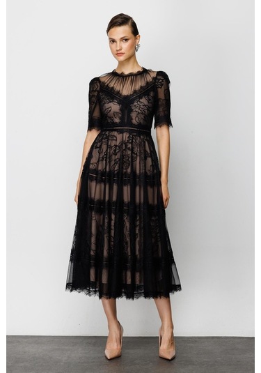 Nefeli Dantelli Midi Elbise - 3/4 Kol, Yuvarlak Yaka, Özel Gün Elbisesi Siyah