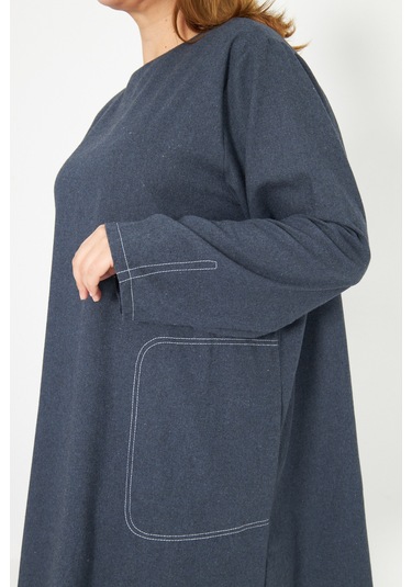 Koyu Mavi Dikiş Detaylı Büyük Beden Tunik Mavi