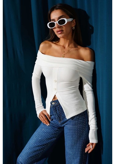Biçomi Madonna Yaka Düğmeli Bluz Beyaz T4329 Beyaz