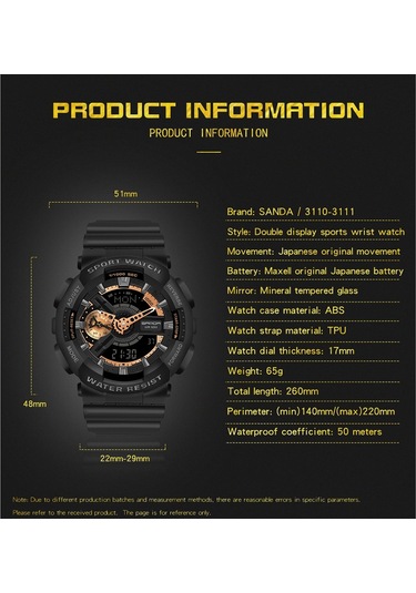 Sones Ochstın 6125b Kuvars Saat Gece Lambası Su Geçirmez Saat Zamanlama Çok Fonksiyonlu Erkek Saati Siyah