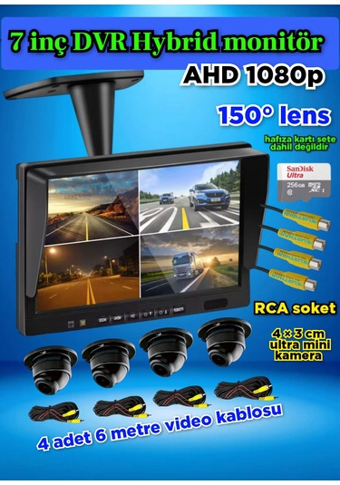 7 İnç Dvr Monitör Ve 4 Adet Ahd 1080p Ultra Mini Kamera Seti 12 V