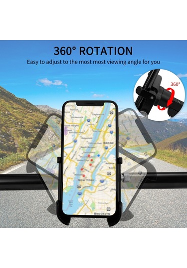 Bisiklet Telefon Montajı Alüminyum Alaşımlı Motosiklet 360 Derece Dönüşlü Telefon Tutucu - Siyah