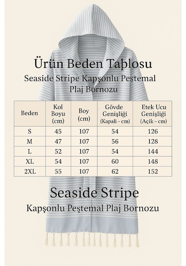 Kapşonlu Unisex Peştemal Plaj Bornozu %100 Pamuklu Seaside Stripe Mavi