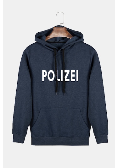 Unisex İndigo Kapüşonlu Polizei Baskılı Slim Fit Kanguru Cepli Sweatshirt Indigo