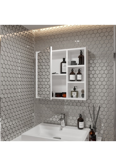 Rosepal Mobilya Luna Banyo Tuvalet Aynalı Beyaz Dolap 65' Beyaz