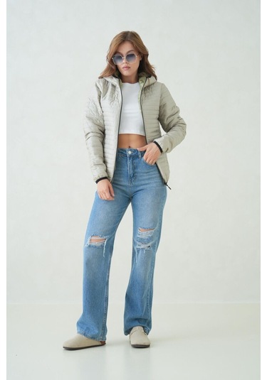 İçi Astarlı Su Ve Rüzgar Geçirmez Cepli Kapüşonlu Kadın Mont Çağla