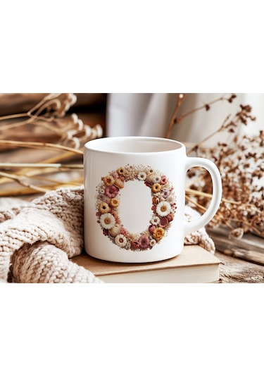 O Harfi Çiçek Desenli Kupa Bardak - Alfabe Harfleri İle Doğal Çiçekli Kupa - Hediye Fikir Beyaz