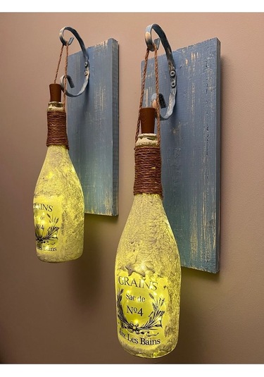 Tıpa Peri Led Işıklı Mavi Eskitme Ahşap Buzlu Cam Şampanya Şişesi Çok Renkli