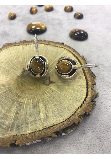 Kaplan Gözü Taşlı Gümüş Küpe 925 Ayar N11.65049