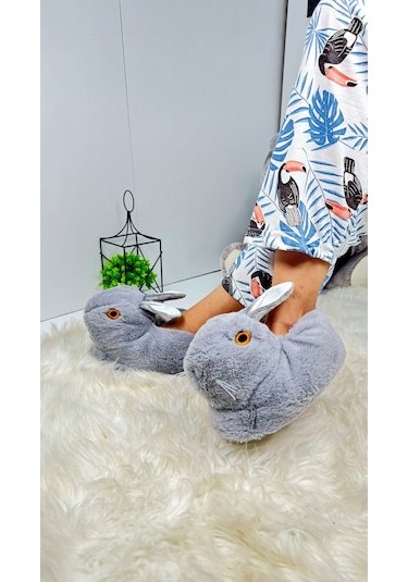 Kadın Panduf Tavşan Figürlü Peluş Ev Botu Desenli Düz Taban Rahat Hafif 359 Gri