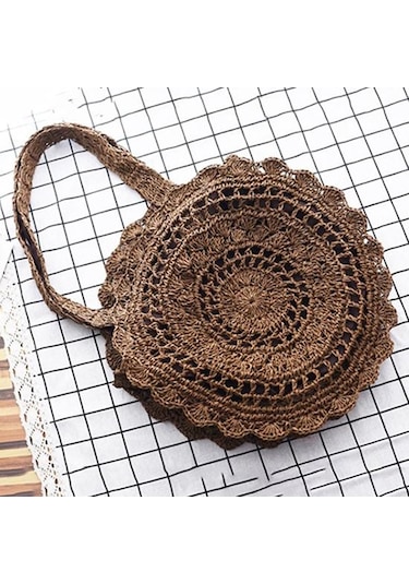 Koyu Kahverengi Kadınlar İçin Hasır Örgü Plaj Çantası El Yapımı Bohem Tarzı Omuz Çantaları Koyu Kahverengi