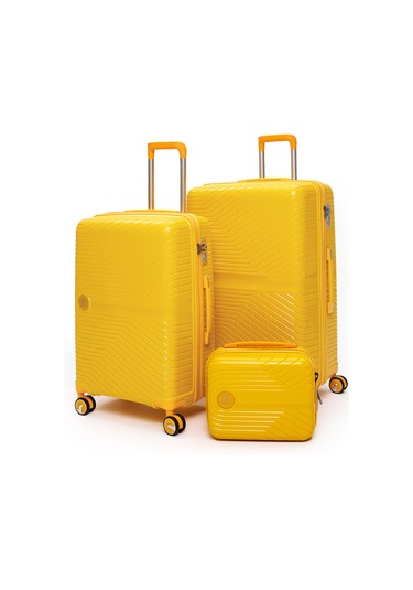 Elatae Exclusive Pro Polipropilen Kırılmaz 3'lü Valiz Seti Büyük - Orta Boy Ve Makyaj Çantası Sarı 5239 Sarı