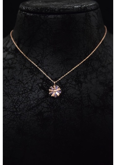 925 Ayar Gümüş Rose Kaplama Lacivert Zirkon Taşlı Dönen Güneş Kolye