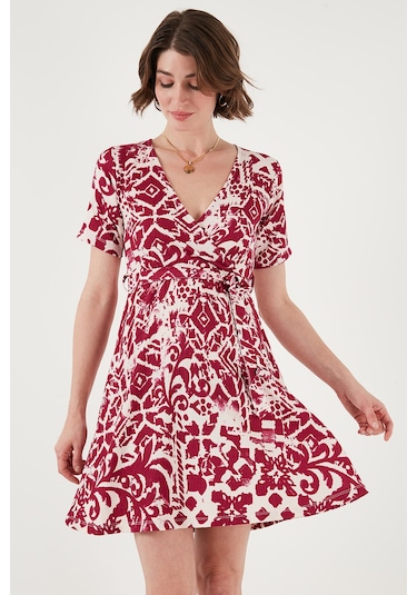 Lela Desenli Kruvaze Yaka Regular Fit Bayan Elbise 5865723 Mürdüm