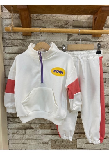 Lacıel Parıs Cool Sloganlı Yakalı Fermuarlı Kız Çocuk Eşofman Takım Beyaz