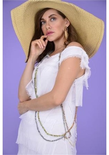 Italyan 2 Beden İnce Gösteren Kat Kat Kolsuz Ipek Elbise-8769 Beyaz