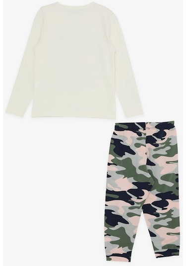 Macawı Kız Çocuk Pijama Takımı Kamuflaj Desenli 3-8 Yaş, Krem-krem Krem