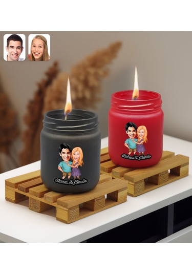 Bk Gift Kişiye Özel Dtf Karikatürlü 2 Li Siyah Ve Kırmızı Renkli Cam Kavanozda Kokulu Mum-1, Arkadaşa Hediye, Sevgiliye Hediye