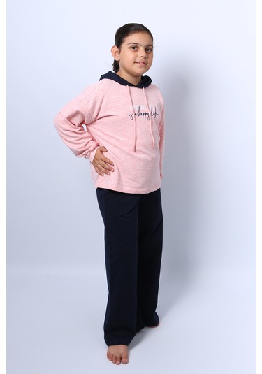 Kız Çocuk Kapşonlu Eşofman Takımı Baskılı İspanyol Paça C36 Yavruağzı