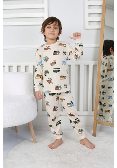 Transportation Veichle Desenli Çocuk Pijama Takımı Alt-üst Bej 3-8 Yaş Bej