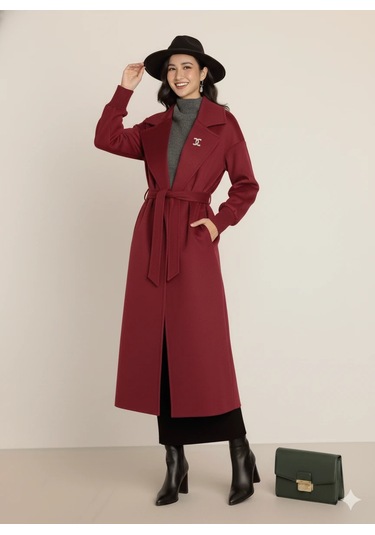 Kadın Siyah Kaşe Uzun Kaban Maksi Boy Palto Geniş Yakalı Düz Kesim Kışlık Bordo