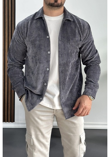 Erkek Kadife Kumaş Gömlek Antrasit Edw214 Antrasit