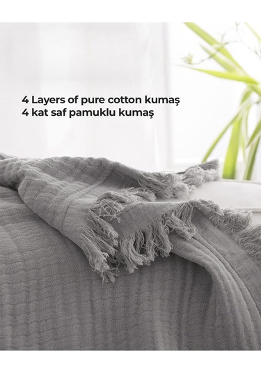 Müslin%100 Pamuk Tek Kişilik Yatak Örtüsü Pike Takımı 4 Katlı Yumuşak Battaniye 2 Parça Antrasit Gri