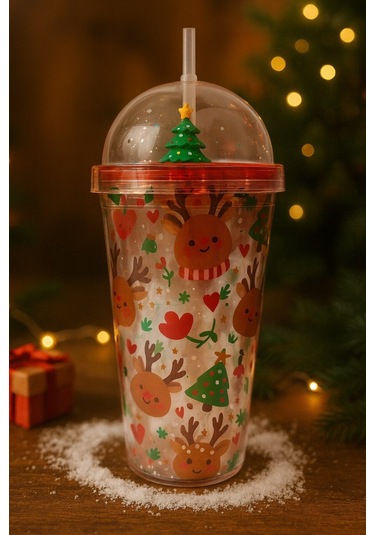 Desenli Süslemeli Renkli Pipetli Kupa Bardak Sevimli Geyikli Kar Tanesi Noel Ağacı Suluk 450ml 2768c Çok Renkli