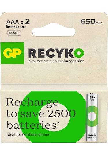 GP Batteries ReCyko 650 AAA İnce Kalem Ni-Mh Şarjlı Pil 1.2 Volt 2’li Kart