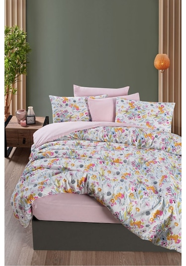 Mystory Home Lastikli Çarşaflı Çift Kişilik Nevresim Takımı Lily Pembe - Turuncu