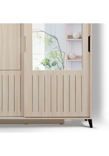Pasifichome Huga Sürgülü Gardırop Meşe 140Cm / 2 Kapaklı Çekmeceli Dolap