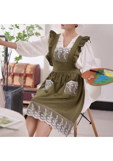 Kadınlar İçin Cepli Vintage Önlükler Sevimli Dantel Fırfır Ayarlanabilir A Ordu Yeşili, Diğer