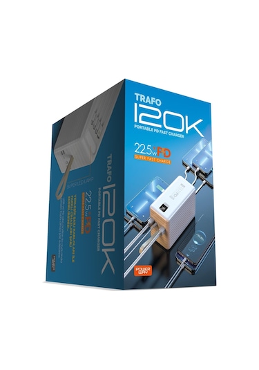 Powerway 120.000 Mah Pd 22.5w Hızlı Şarj Dahili Kablolu Gerçek 120.000 Mah Siyah Trafo Powerbank