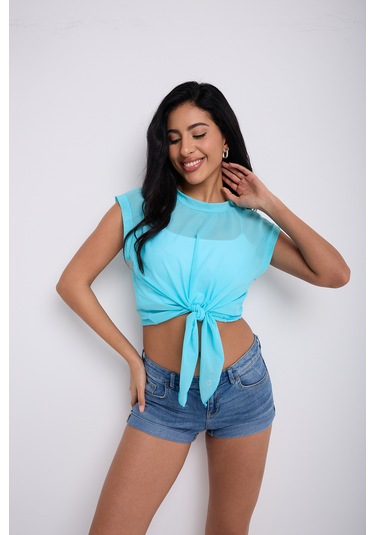 Önü Bağlamalı Tül Bluz Turkaz