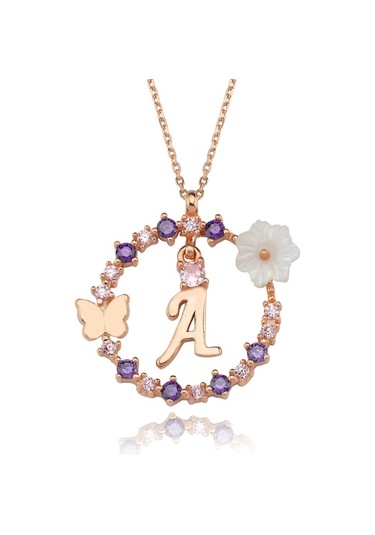 Mia vento Manolya Çiçeği Düşler Işıltısı A Harfi Rose Renk Gümüş Harfli Kolye