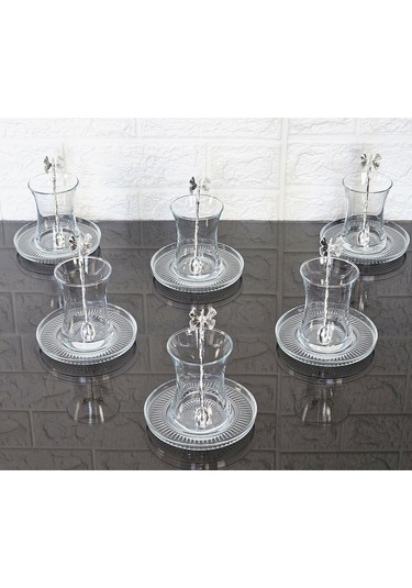 18 Parça Çay Seti Gümüş Kelebek Çay Kaşıklı 6 Bardak 6 Tabak 6 Kaşık Gümüş