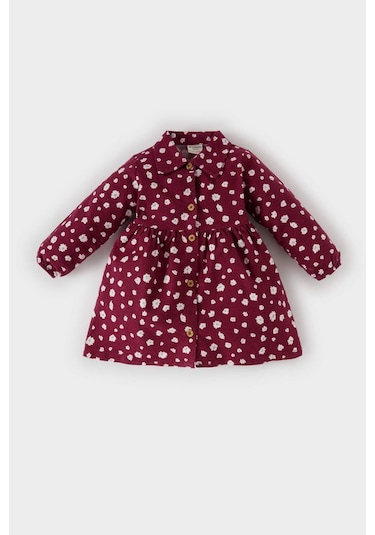DeFacto Kız Bebek Çiçekli Uzun Kollu Pazen Elbise D7428A524WNBR204 Bordo