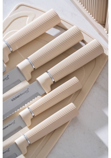 Acar Cooper 12 Parça Standlı Kesme Tahtası Servis Ve Bıçak Seti Krem