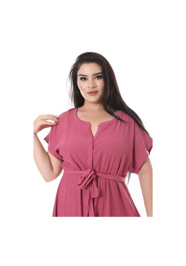 Kadın Büyük Beden Gül Kurusu Bürümcük Kumaş Ön Boy Düğmeli V Yakalı Elbise 65n38316-gül Kurusu Gül Kurusu