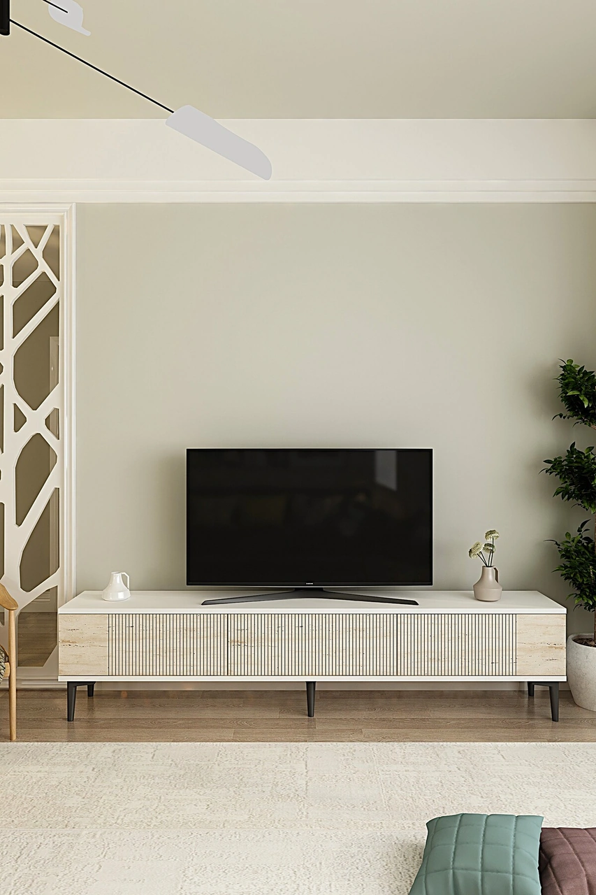 Tsa1803bt - Corsa180 Tv Stand, Tv Sehpası Beyaz-traverten Kapaklı 180cm Beyaz