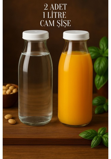 Rotanev 2 Adet Beyaz Plastik Kapaklı 1 Litre Şeffaf Sürahi Süt, Ayran, Su, Limonata Meşrubat Şişesi Cam Şişe
