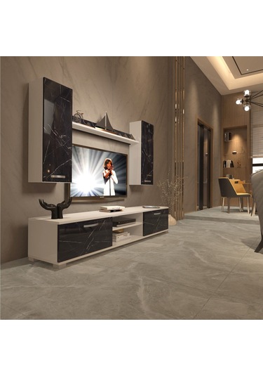 Decoraktiv Eko 7 Mdf Dvd Tv Ünitesi Tv Sehpası Beyaz - Siyah Mermer