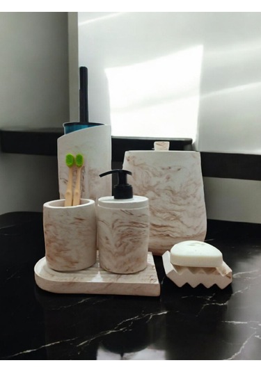 Mermer Serisi Beton Banyo Seti,çöp Kovasi,tuvalet Fırçası Takimı,tepsi,sıvı Ve Katı Sabunluk, Bej
