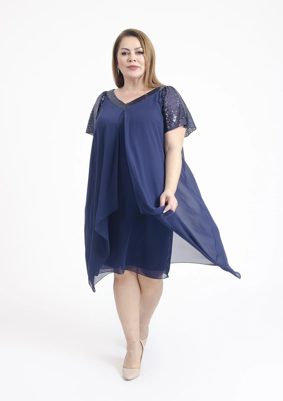 Büyük Beden Lacivert Renkli V Yakalı Pul Payet Detaylı Şifon Kısa Abiye Elbise Lacivert