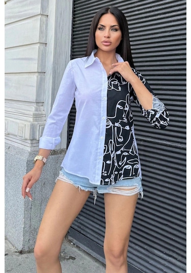 Kadın Beyaz Desenli İki Renkli Uzun Kol Regular Kesim Standart Boy Gömlek Beyaz