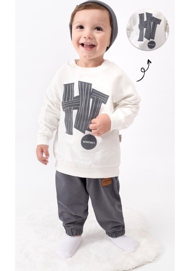 Hi Baskılı Bereli Armalı Oversize Erkek Bebek Takım Gri