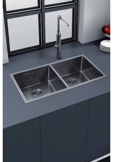 Ebrar Serisi %100 Krom 82x45 İki Göz Paslanmaz Mutfak Eviyesi, Mutfak Lavabosu Sifon Dahil Siyah