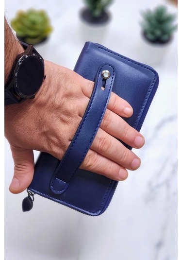 Xclub Model Unisex Telefon Bölmeli El Geçmeli Kordonlu Deri Portföy Kartlık Uzun Cüzdan Lacivert Siyah