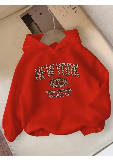 Kışlık Kapüşonlu Sweatshirt, Çocuk Leopar New York Kırmızı